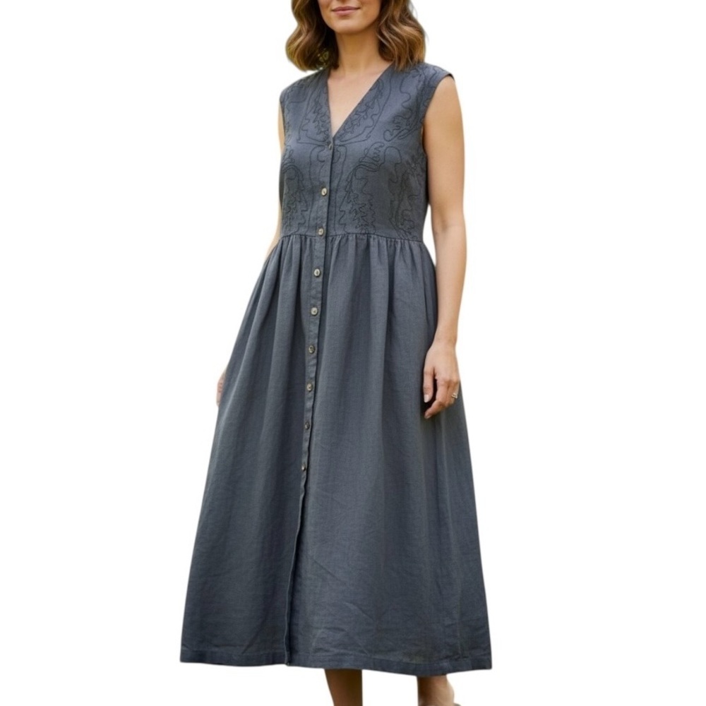 Poetry Sleeveless Embroidered Linen Midi Dress